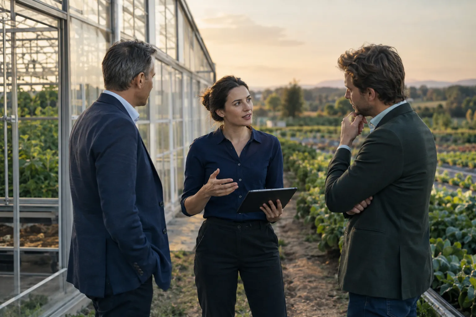 A founder presenting to investors on a farm visit
