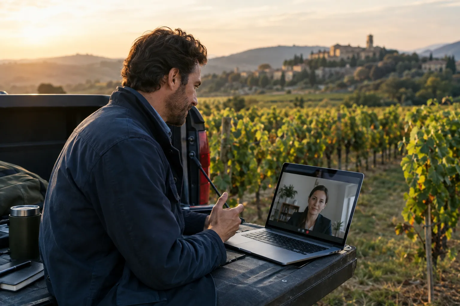 A commercial manager working remotely from a vineyard